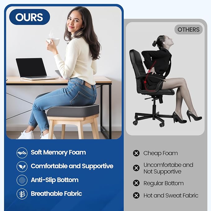 SweetSlubr Seat Cushion, Chair Pad, Memory Foam Tailbone Pain Relief | Office Chair Cushion for Tailbone Pain Relief, Non-Slip Cover, Soft Support for Office Chair, Car Seat, Airplane,Large/Gray - Image 7