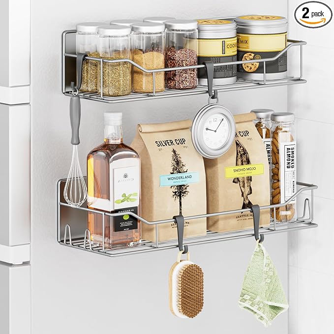 Magnetic Spice Rack for Refrigerator, 2 Pack Strong Magnet Spice Organizer Shelves with Hooks, Magnetic Fridge Shelf for Kitchen Organization and Storage, Seasoning Organizer Gadgets (Grey) by IYEBAU