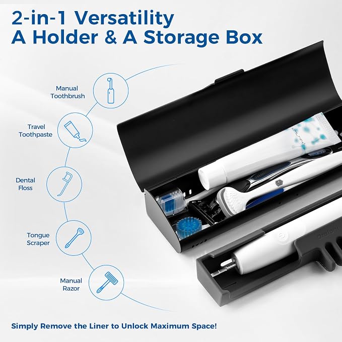 Aluminum Electric Toothbrush Travel Case, 2 in 1 Travel Toothbrush Holder for Oral B/Oral-B Pro 1000 1500 5000 and Most Electric Toothbrush for Traveling, Removable Silicone Liner-Black - Image 5
