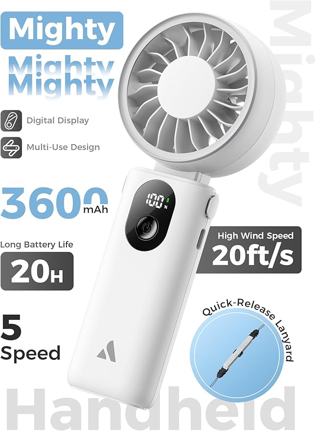 Aecooly Mighty Portable Handheld Fan | 20H Max Cooling | 3 Flexible Modes | 5 Speeds Wind | Battery Level Display | USB Rechargeable Mini Personal Battery Powered, Gifts for Women, Travel -White - Image 2