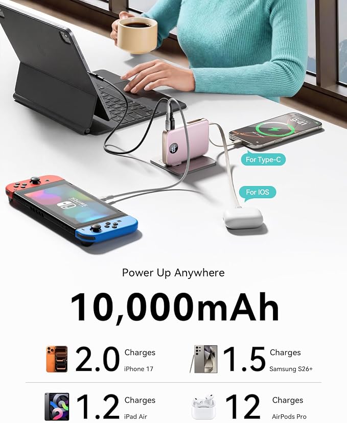 Portable Charger Power Bank 10000mAh, 45% Smaller Built-in Cables & AC Plug | Built-in Cables & AC Plug, 22.5W Fast Charging, 4-Device Charging, Travel Essential, for iPhone, iPad & Samsung Galaxy, Pink - Image 5