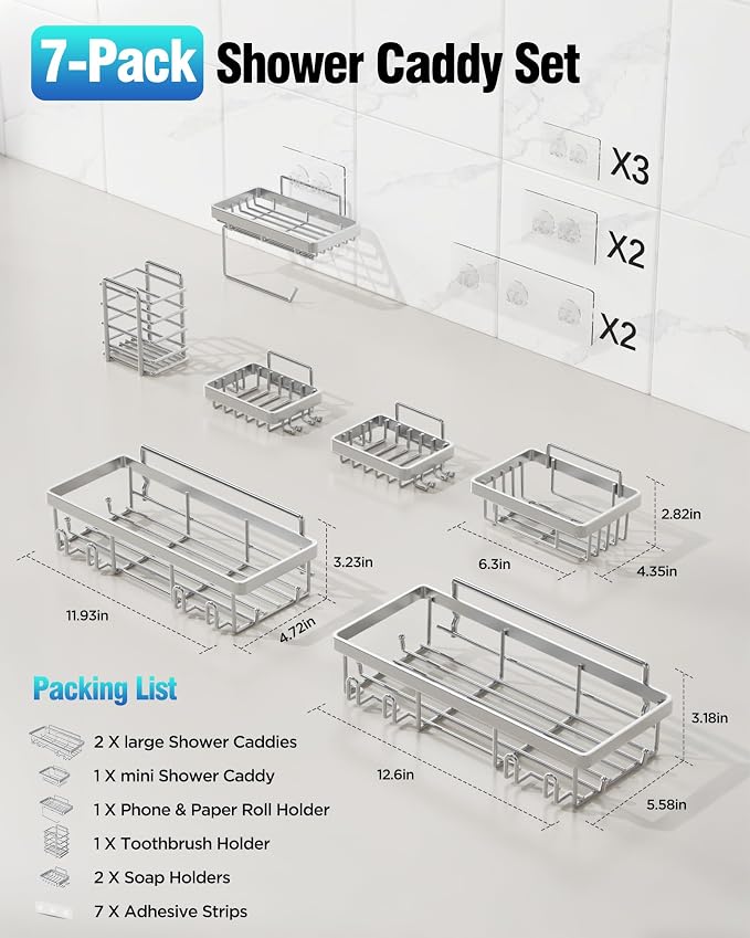 Shower Caddy 7 Pack, Adhesive Bathroom Shower Organizer for Bathroom Storage, No Drilling Large Capacity Rustproof Stainless Steel Shower Shelves Rack for Bath, Silver - Image 6
