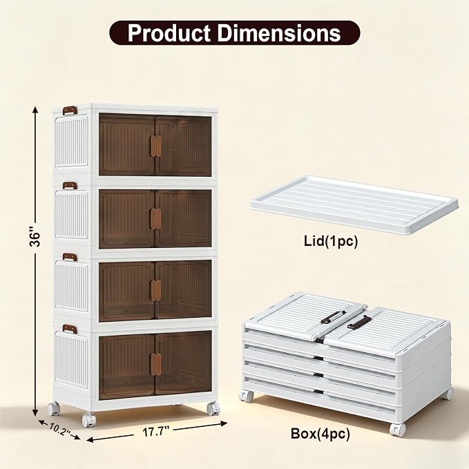 4 Tier Stackable Storage Bins with Lids, 96QT Large Capacity Storage Cabinet (24QT Per Tier), Foldable Closet Organizer with Wheels and Front Opening Doors for Clothes, Toys, Pantry, Bedroom - Image 2
