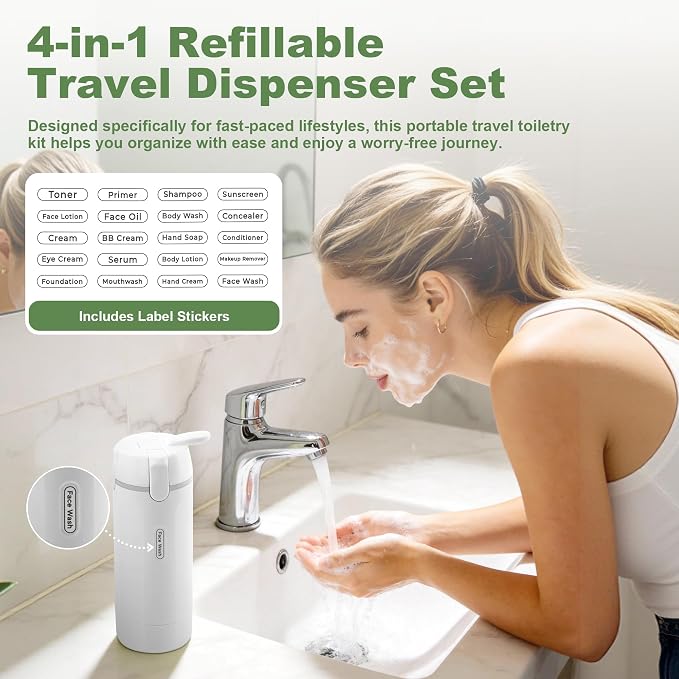 4-in-1 Travel Dispenser, 4 Pack 30ML Travel Bottles with Stickers for Toiletries – TSA Approved Leak Proof Refillable Containers for Shampoo, Conditioner, Creams, Lotions (White) - Image 4