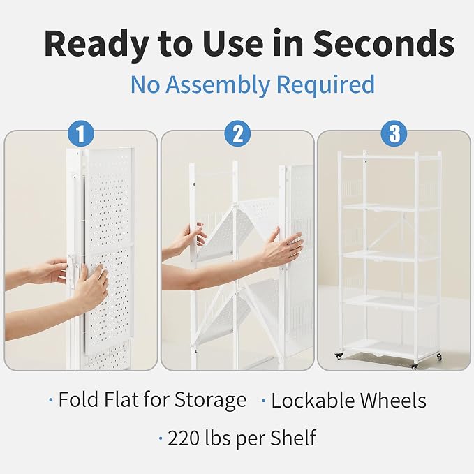Folding Shelves No Assembly, 5 Tier Foldable Storage Shelves with Wheels, 220LBS Per Shelf Metal Collapsible Rack for Pantry Storage & Home Organization, White - Image 3