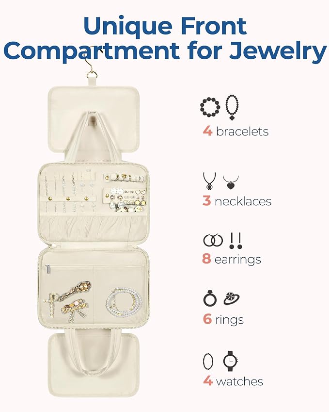 BAGSMART Travel Toiletry Bag with Jewelry Organizer, Hanging Travel Bag for Toiletries, Puffy Makeup Cosmetic Bag Organizer, Carry-on Travel Accessories Essentials, Beige-L - Image 2