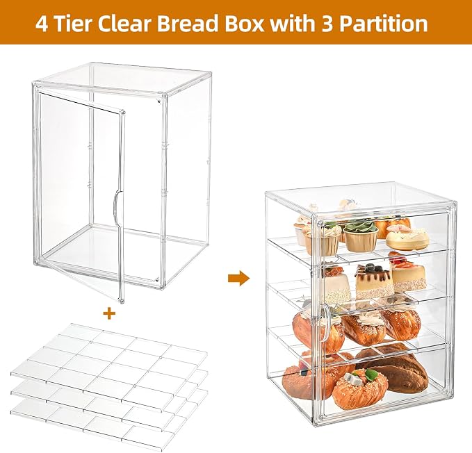 Pastry Display Case，4-Tier Adjustable Clear Bread Storage with Magnetic Door，Bread Box for Kitchen Countertop，15.7x11.8x9.8xinch (4 Tier-1 Pack) - Image 5