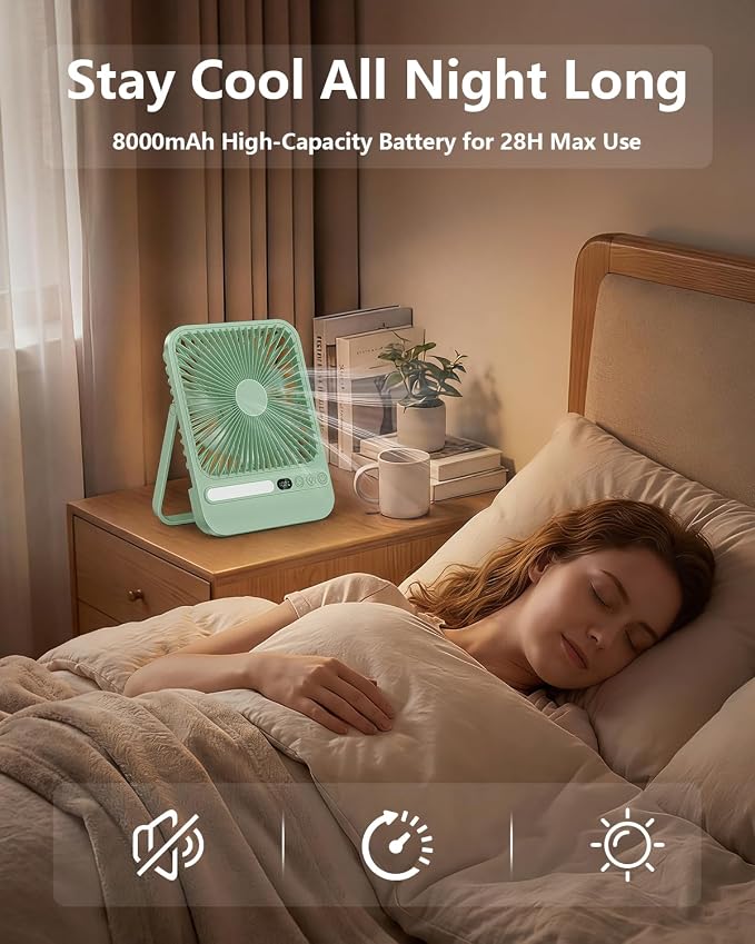 8000mAh Ultra-Thin Portable Travel Fan with Timer, Light&LED Display | 7in,28H Max Cooling Time,<42dB quiet for sleeping,cruise approved,4 Speeds Wind,Rechargeable Battery Fan for hotel office - Image 6