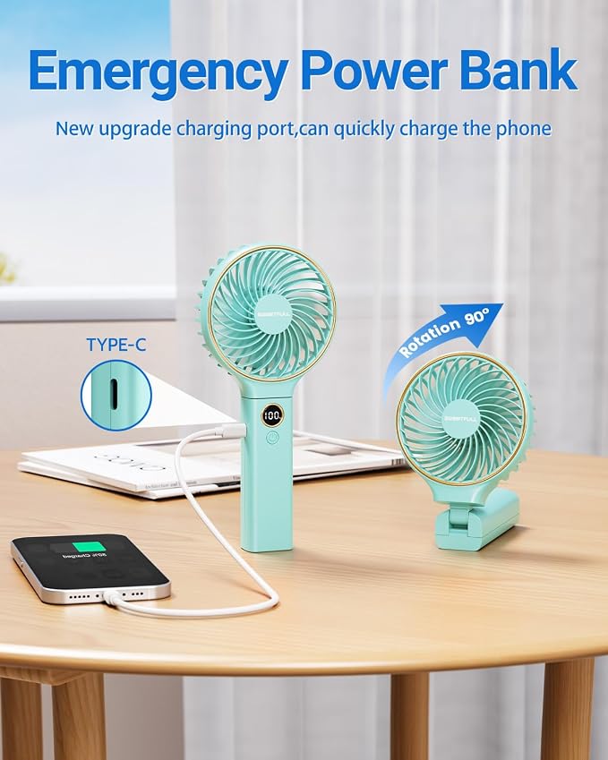 SWEETFULL Handheld Fan, Portable Fan, 5000mAh Rechargeable Battery, 6 Speed Wind, LED Display, Personal Mini Travel Fan with Backup Power, Hand Held Fan USB Foldable Electric Fan for Women Girl - Image 5
