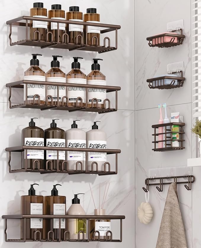 8 Pack Adhesive Rustproof Shower Caddy with Soap Dishes, Toothbrush Holder & Hooks, Large Capacity No-Drilling Shower Shelves Rack for Bathroom Organizers and Storage Accessories, Brown by Unknown
