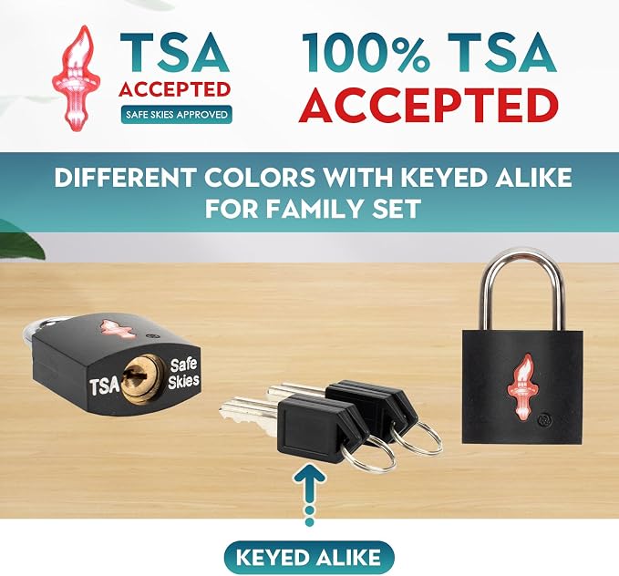 Safe Skies Keyed Alike TSA Lock 8-Pack, 4 Colors | 8 Locks, 2 Keys Each | Purple/Blue/White/Black | TSA Safe Skies Approved | For Family Cruise & Vacation | 90-Day Warranty - Image 6