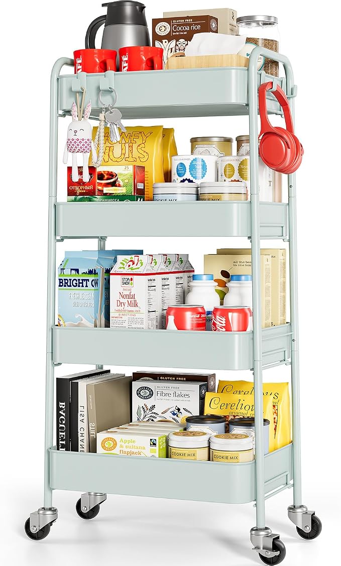 TOOLF 4 Tier Metal Rolling Cart, Utility Storage Cart with Wheels, Green | Screwless Assembly, Lockable Metal Wheels, Trolley Organizer for Bathroom, Kitchen, Office, Dorm, Laundry, Craft Room by TOOLF