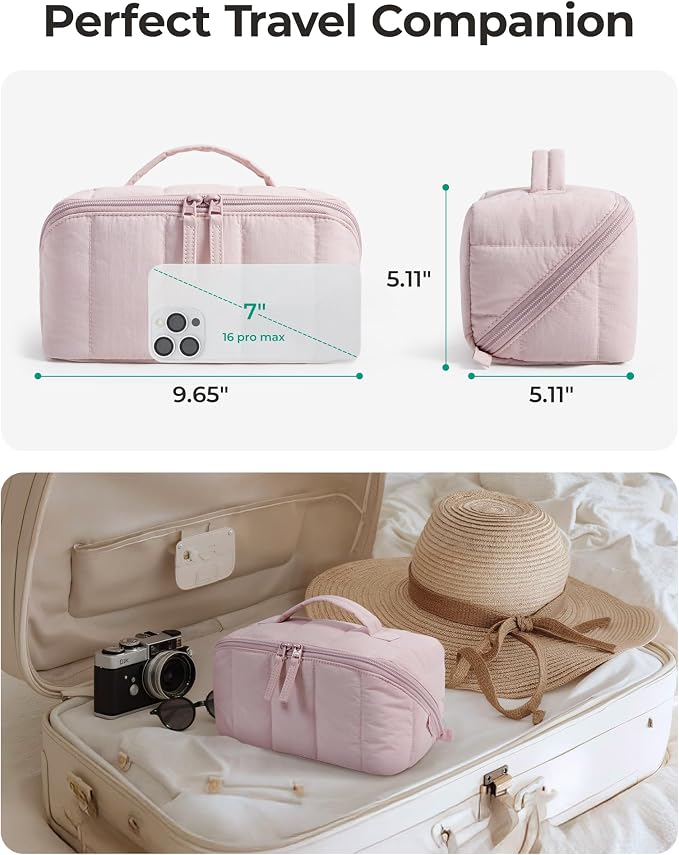 BAGSMART Puffy Travel Makeup Bag Toiletry Bag for Women, Burgundy Purple | Open Flat, Portable, Make Up Organizer, Water-resistant, Puffy Padded, For Toiletries, Brushes - Image 4
