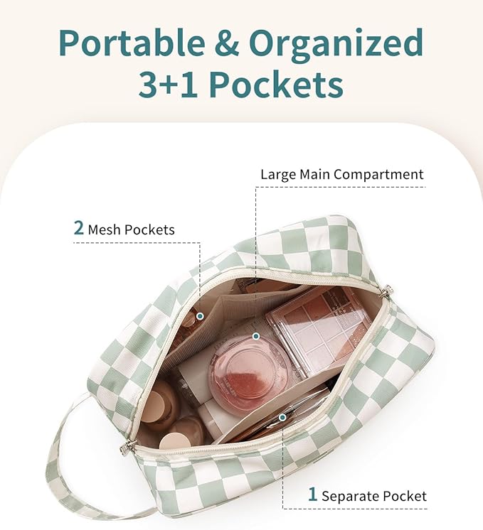 Narwey Travel Toiletry Bag for Women Traveling Dopp Kit Travel Bag for Toiletries Cosmetic Bag Makeup Bag Medicine Bag for Traveling (Mint Green Checkerboard) - Image 2