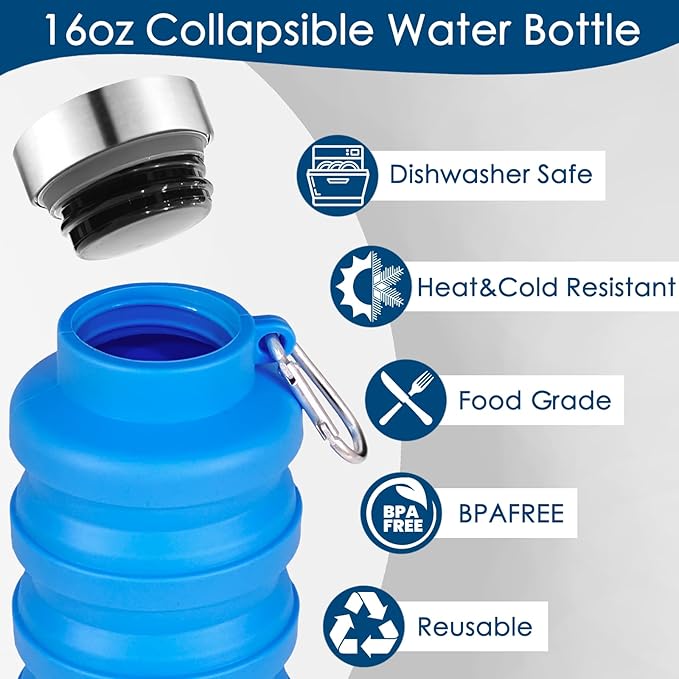 4 Pack Collapsible Water Bottles, 16oz Portable Reusable Silicone Water Bottle, Foldable Water Bottles for Travel Gym Camping Hiking, Leak Proof Sports Water Bottle with Carabiner (Deep Color) - Image 5