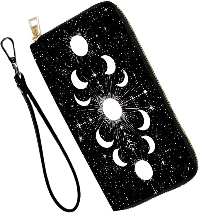 Women's RFID Blocking PU Leather Zip-Around Wallet, Large Capacity Clutch with Phone Holder, Travel Purse & Card Organizer with Removable Wristlet,Moon Phases in Space by Unknown
