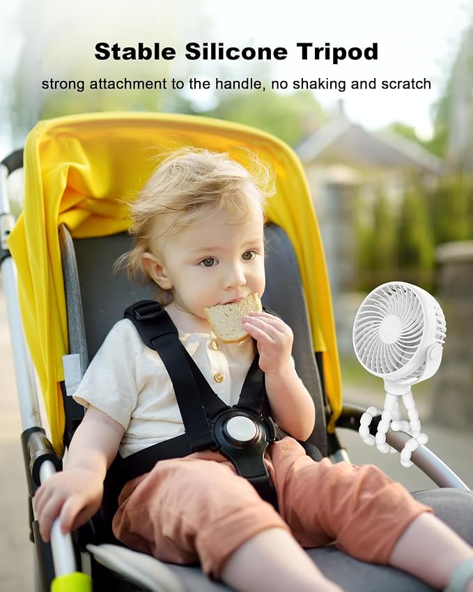 Coohea Clip on Stroller Fan, Rechargeable Long-Lasting Power Wind Fan,White | 4000mAh Battery Operated, 360° Rotatable Flexible Tripod, 3 Adjustable Speed, Portable Fan for Car Crib Backseat Beach Travel - Image 5