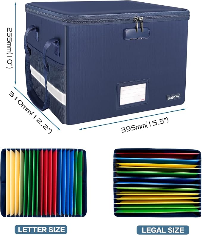 ENGPOW File Box with Lock, Fireproof Document Box with Pockets, Collapsible File Organizer Filing Storage Cabinet with Handle, Portable Home Office Safe for Hanging Letter/Legal Folders, Blue, 2 Pack - Image 5