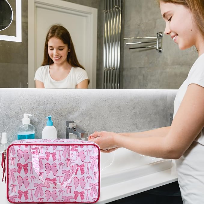 Toiletry Bag for Women, Pink Bow | Clear Coated,Waterproof,Multiple Compartment,Open Flat,Handle,Travel Organizer for Shampoo,Conditioner,Cosmetic Accessories - Image 5