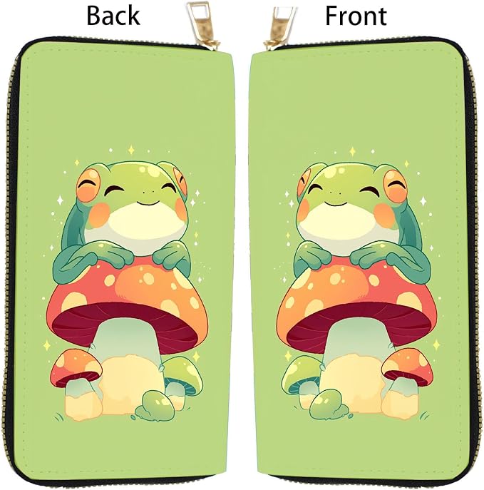 Women's RFID Blocking PU Leather Zip-Around Wallet, Large Capacity Clutch with Phone Holder, Travel Purse & Card Organizer with Removable Wristlet,Cartoon Mushroom Frog - Image 5