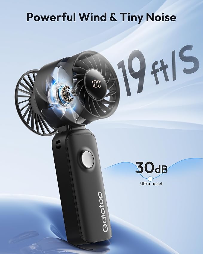 Gaiatop Portable Handheld Fan, Quiet 3 IN 1 Neck/Desk/Hand Fan | Max 18 Working Hours, 5 Speed Rechargeable Battery, Cooling for Travel, Beach, Women/Men Outdoor Activities Gifts Black - Image 3