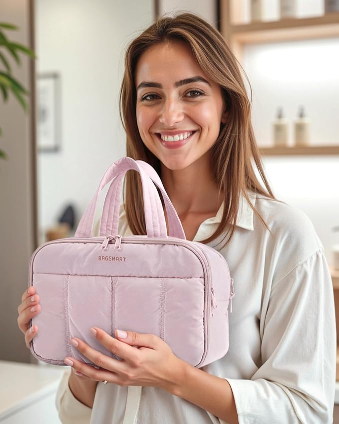 BAGSMART Travel Toiletry Bag, Puffy Large Toiletry Bag for Women, Lightweight Cosmetic Makeup Bag Organizer with Handle for Traveling, Accessories, Essentials, Toiletries (Pink) - Image 2