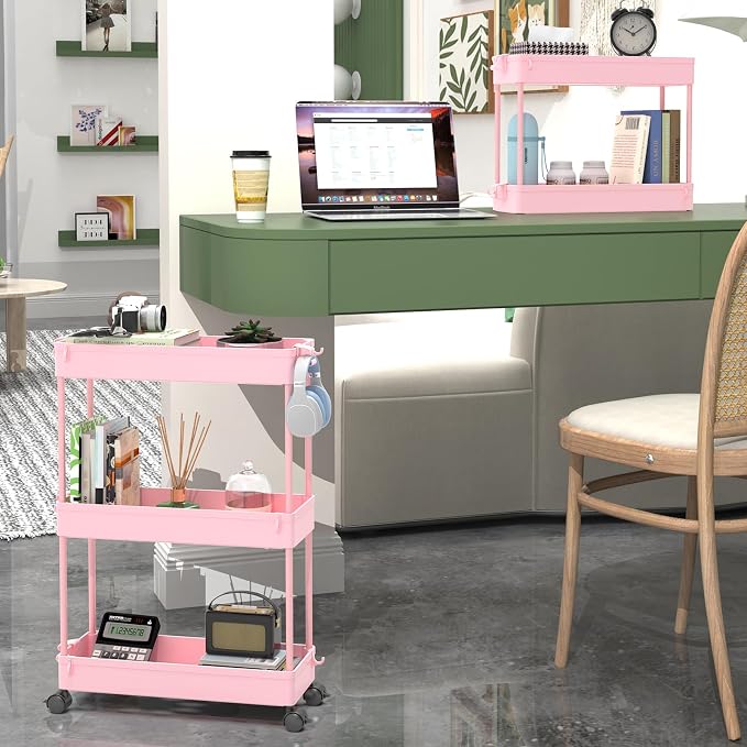 SPACEKEEPER Slim Rolling Storage Cart, 3 Tier Bathroom Cart Organizer, Pink | Narrow Rolling Cart with Wheels for Kitchen Office Bathroom Laundry Room,Mobile Utility Cart for Craft Art Makeup Nail Polish - Image 5