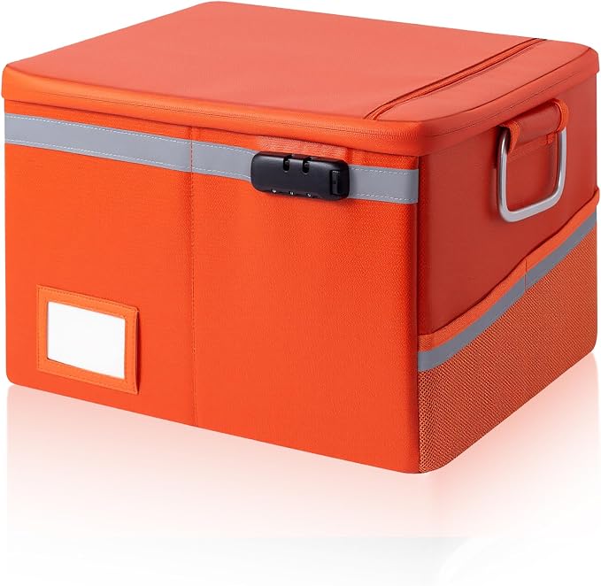 Fireproof Waterproof Document Box with Lock Collapsible Portable File Organizer Hard Shell Storage for Hanging Letter Legal Folders Home Office Safe Orange 15.7x11.2x10.2in by Ekunivers