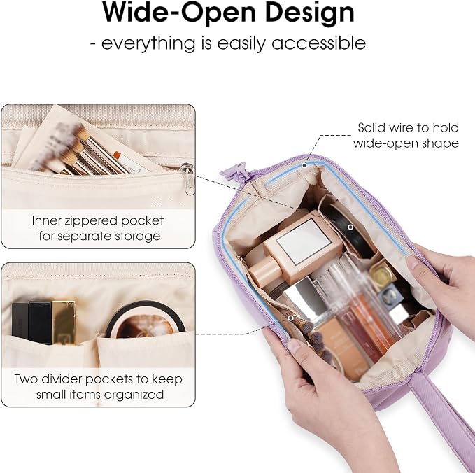 Narwey Makeup Bag Women Wide-open Make up Bag Travel Cosmetic Bag Organizer Toiletry Bag for Cosmetics Toiletries Accessories (Purple) - Image 2