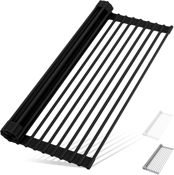 HANZENMA Roll Up Dish Drying Rack Over The Sink Kitchen Roll Up Sink Drying Rack Multipurpose Foldable Sin Drying Mat, Heat-Resistant, Anti-Slip & Anti-Rust Dish Rack for Kitchen, 20.5" x 13", Black by HANZENMA