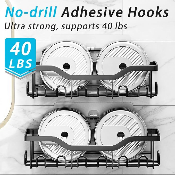 Fammart Adhesive Shower Caddy, 5-Pack Rustproof Stainless Steel Bathroom Organizer with 28 Hooks, No-Drill Large Capacity Shower Shelves for Bathroom Storage & Home Décor, Black - Image 4