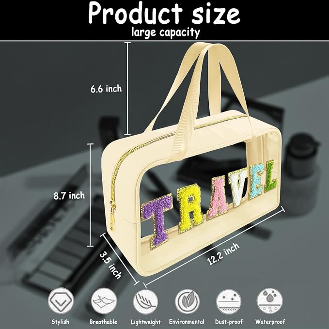 Bunliuys Chenille Letter Clear Makeup Bag Travel Patch, Travel Toiletry Makeup Bag with Handle, Nylon Waterproof Makeup Bags clear cosmetic bag, preppy patch makeup bag for Women (TRAVEL-Beige) - Image 2
