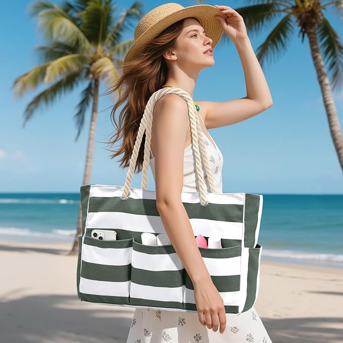 Becokan Beach Bags for Women Canvas Large Beach Tote Bag Zipper Waterproof Sandproof Foldable Swim Pool Bag with 7 Pockets - Image 2