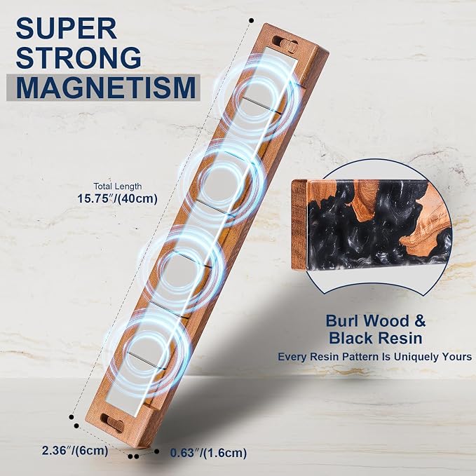 Magnetic Knife Holder for Wall 16 Inch, Acacia Burl Wood & Black Resin Magnetic Knife Strip Bar, Powerful Magnet Kitchen Knife Storage Rack, Space-Saving Wall Mounted Organizer - Image 4