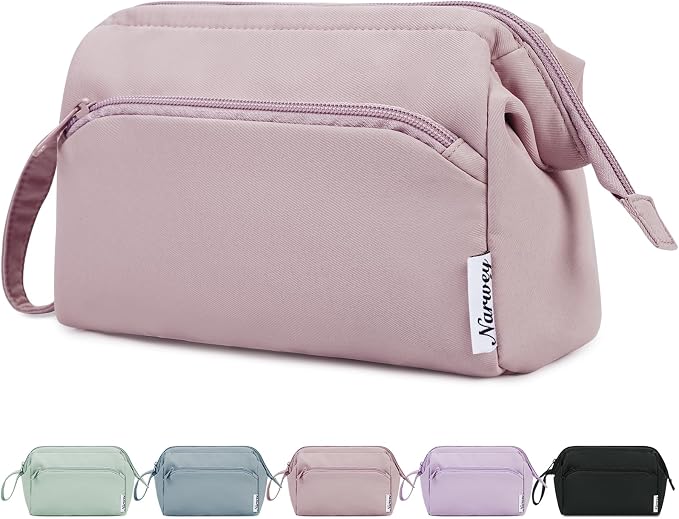 Narwey Large Makeup Bag Women Wide-open Make up Bag Travel Cosmetic Bag Organizer Toiletry Bag for Cosmetics Toiletries Accessories (Dusty Rose) by Narwey