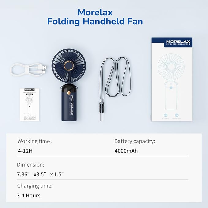 Morelax Handheld Mini Fan,USB Rechargeable Fodable Personal Fans 4000mAh,90 Adjustable, 6 Speed Strong Wind,Portable Fan Pocket Design 5 IN 1Cooling Table Fan for Office School Outdoor Travel,Blue - Image 8