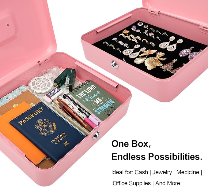 Jssmst Large Cash Box with Key Lock - Durable Metal Cash Box with Money Tray, 11.81 x 9.84 x 3.46 inches (X-Large, Pink) - Image 5