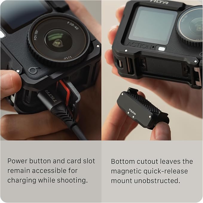 Tilta Camera Cage Base Kit Compatible with DJI Osmo Action 6 | Magnetic Quick Release Baseplate Included | 1/4"-20 Thread with Locating Points | Cold Shoe Receiver | Button Extension | Titanium Gray | Full camera cage with magnetic baseplate and cold s... - Image 3