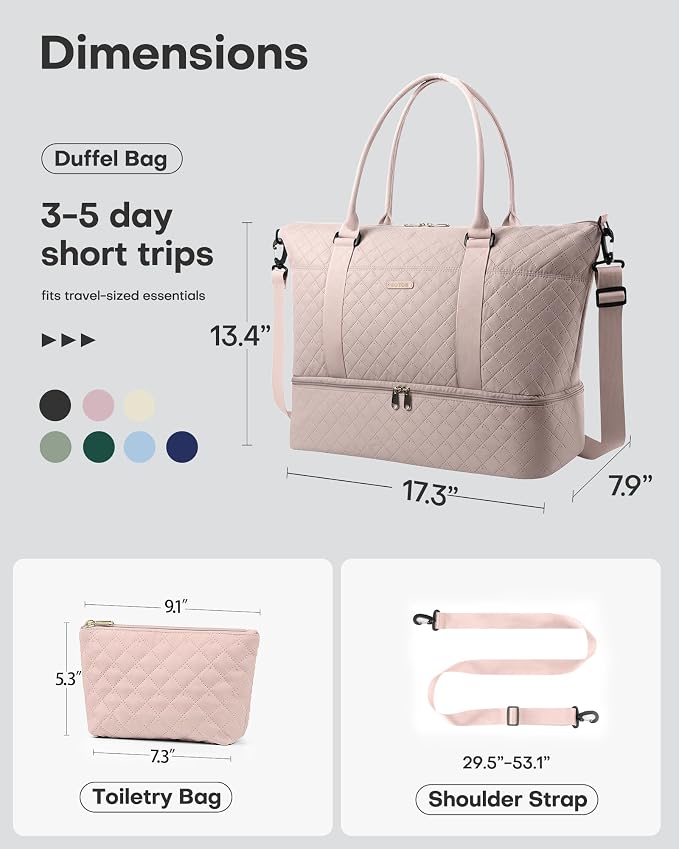 HOTOR Travel Duffel Bag - Weekender Bags for Women, Carry On Gym Tote Bags | with Toiletry Bag & Shoe Compartment, Overnight Bag for Travel Essentials and Travel Accessories, Pink, 13.4"×17.3"×7.9" - Image 4