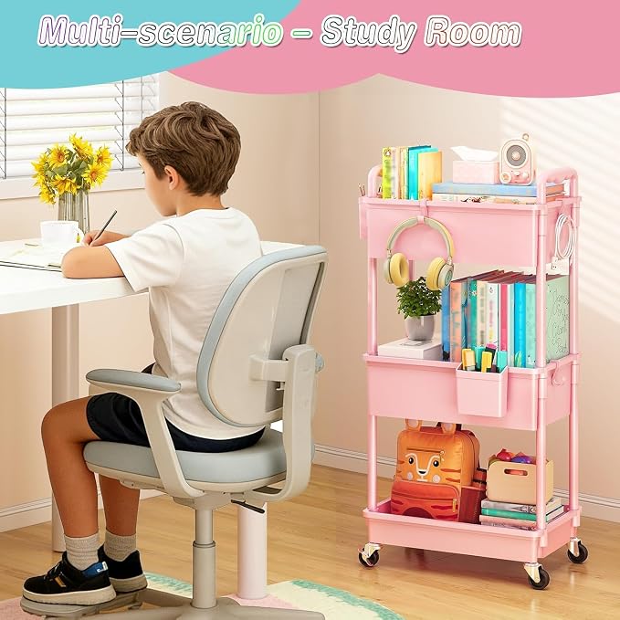 SUNALLY Baby Diaper Caddy Cart, 3 Tier Rolling Diaper Cart for Nursery,Pink | Large Capacity & Easy Assemble Diaper Storage Organizer with Lockable Wheels for Newborn, New Mom, Baby Girl Boy Essentials - Image 5