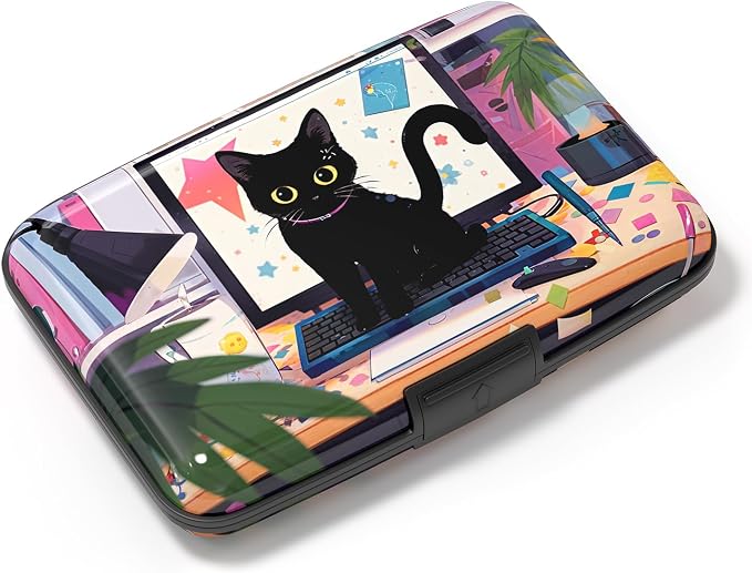 Credit Card Holder, Mini Aluminum Card Wallet RFID Blocking Slim Metal Hard Card Case for Women Men, Cat on Keyboard by Atufsuat