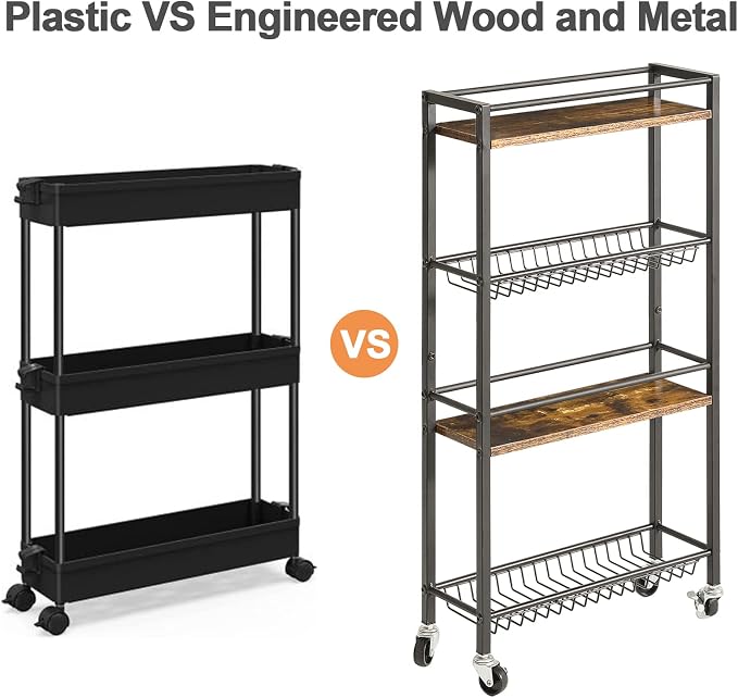 YMYNY Kitchen Storage Rolling Cart 4 Tier on Wheels Rustic Brown HBR002H | for Narrow Spaces, Laundry Room, Dining Room, Bathroom, 32.7" H Shelving Unit with Mesh Baskets - Image 9