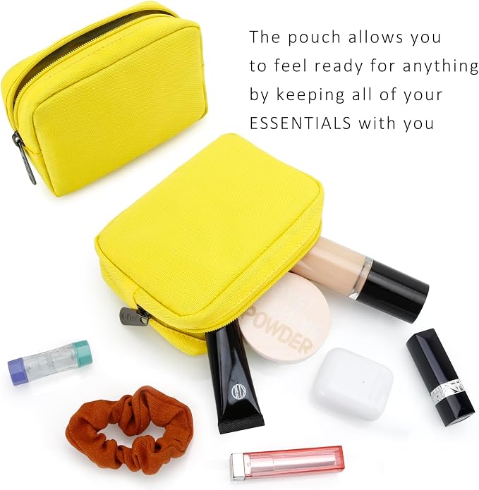 E-Tree Cute Small Makeup Bag,Cosmetic Toiletry Skin Care Make up Little Items Pouch for Purse,Zipper Mini Tech Charger Cable Electronic Organizer Case,Travel Accessories for Women Men Teen,Yellow - Image 3