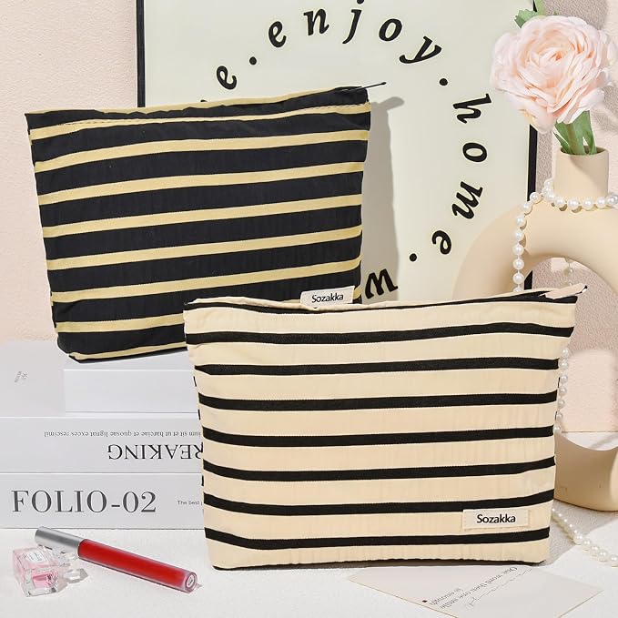 SOIDRAM 2 Pieces Makeup Bag Large Stripe Cosmetic Bag Capacity Canvas Travel Toiletry Bag Organizer Cute Makeup Brushes Aesthetic Accessories Storage Bag for Women, Stripe L Black White - Image 2