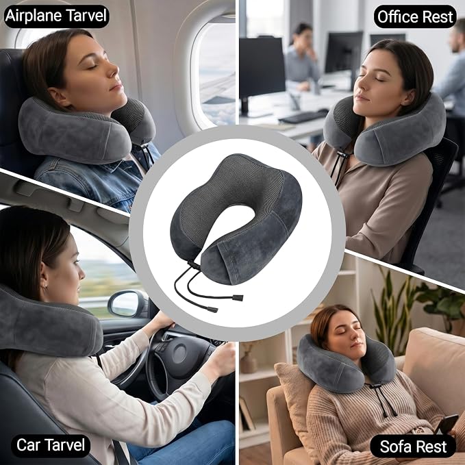 Travel Neck Pillow, 100% Memory Foam, U-Shaped with Storage Box, Dark Gray | 100% memory foam with 360-degree support & adjustable buckle. Compact storage box. Machine washable cover. Fits all necks. - Image 4