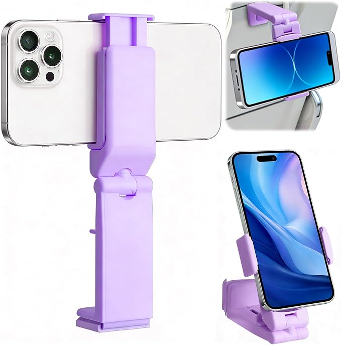 Airplane Phone Holder, Foldable Phone Holder for Airplane Seat Back Luggage Pole Desk 360° Rotation for Multi-Directional Viewing, Travel Essentials Holds Cell Phones (Purple 1pcs) - Image 7