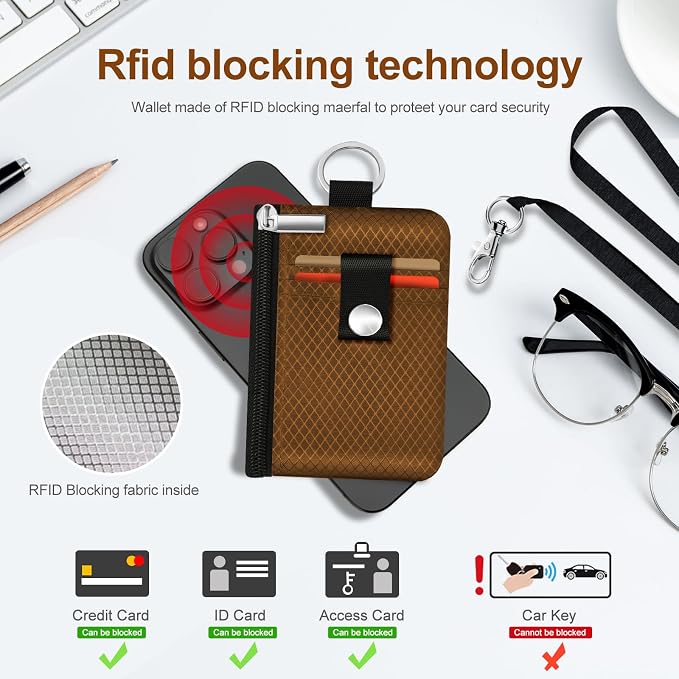 Minimalist RFID Blocking Small Wallet with ID Window,WaterResistant Zip Id Case Wallet with Lanyard Keychain for Cards,Cash,Travel,Women,Men (Brown) - Image 4