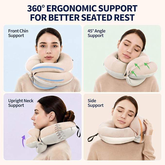 Travel Neck Pillows for Airplanes, Memory Foam 360° Head Support Sleep for Long Flight, Skin-Friendly & Breathable, Kit with Eye Mask, Earplugs and Storage Bag (Adult, Beige, 90+ lbs) - Image 2