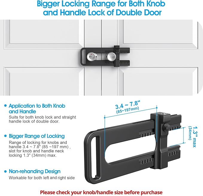 AST Childproof Double Door Security Lock, Adjustable Keyed French Door Lock | Lockout device for knobs and handles of double doors, prevent kick ins, Kids proof barricade, bigger adjustment, matte black - Image 2