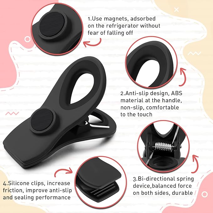 12 Pack Chip Clips, Chip Bag Clips for Kitchen, Black | Kitchen Food and Snack Storage, Fridge, Office and RV Accessories with Magnetic Bag Clips, Airtight Seal Grip - Image 2